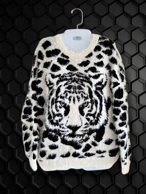 Cashel | Fuzzy Eyelash Black/White Tiger Motif Long Sleeve Sweater (SIZE S)